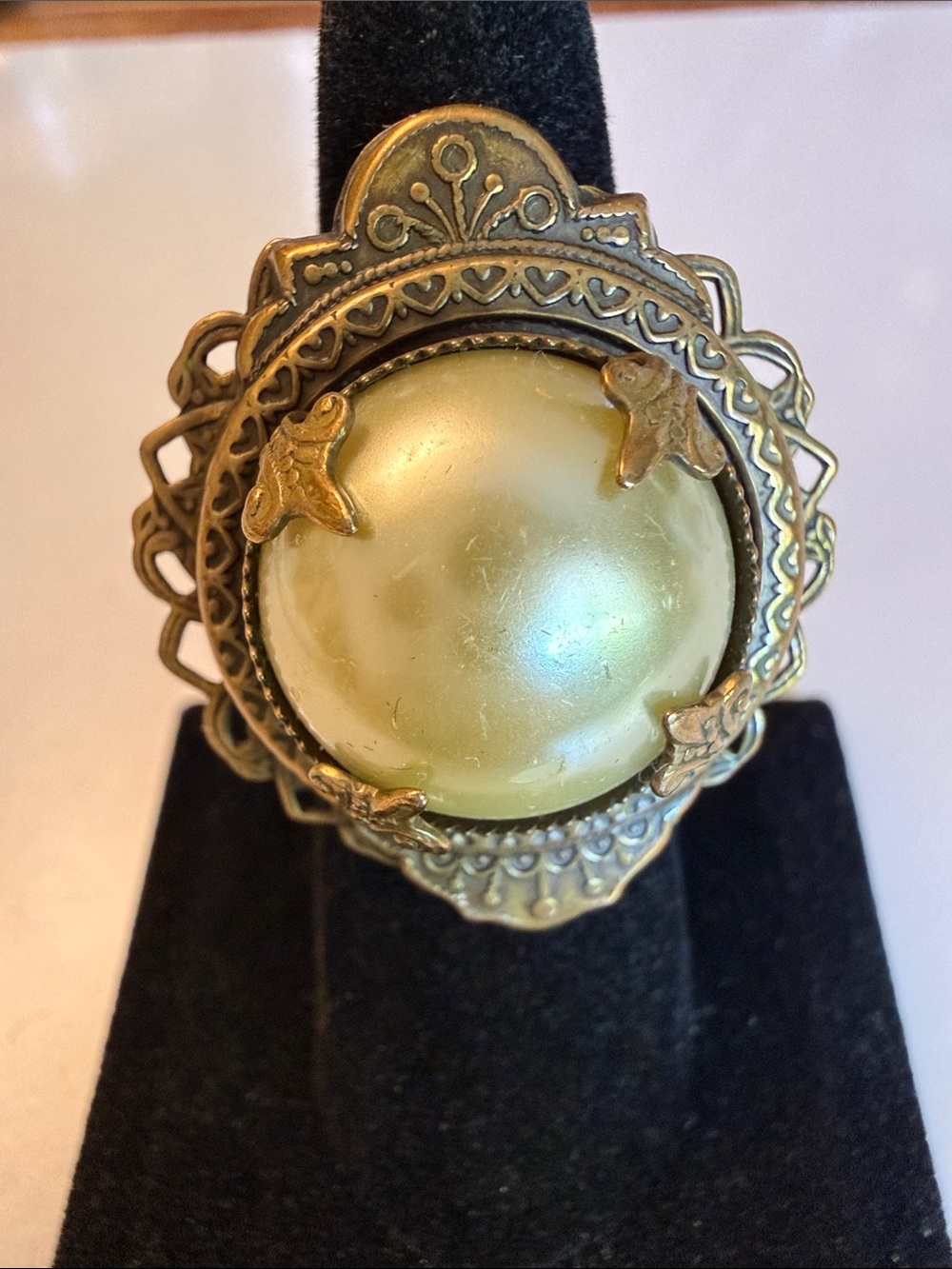 Vintage Jan Micheal’s  Gold Filigree Ring with Pale Yellow Pearl